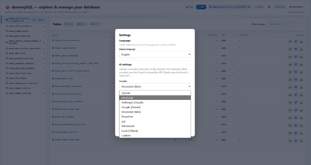 dummySQL AI settings