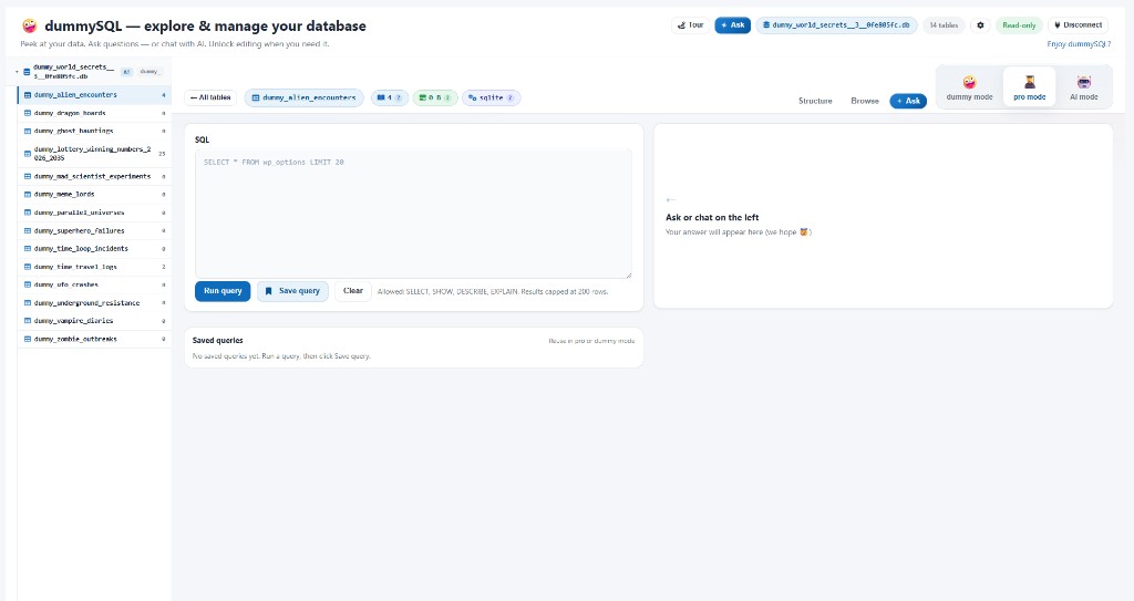 dummySQL pro mode on desktop